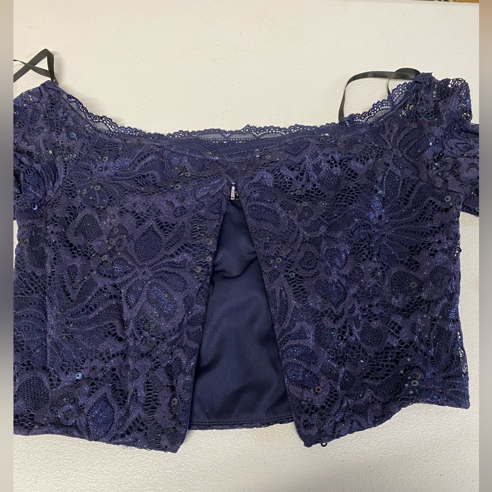 A.Byer Blue Floral Long Sleeve 2 Piece Pleated Prom Dress - Picture 7 of 15